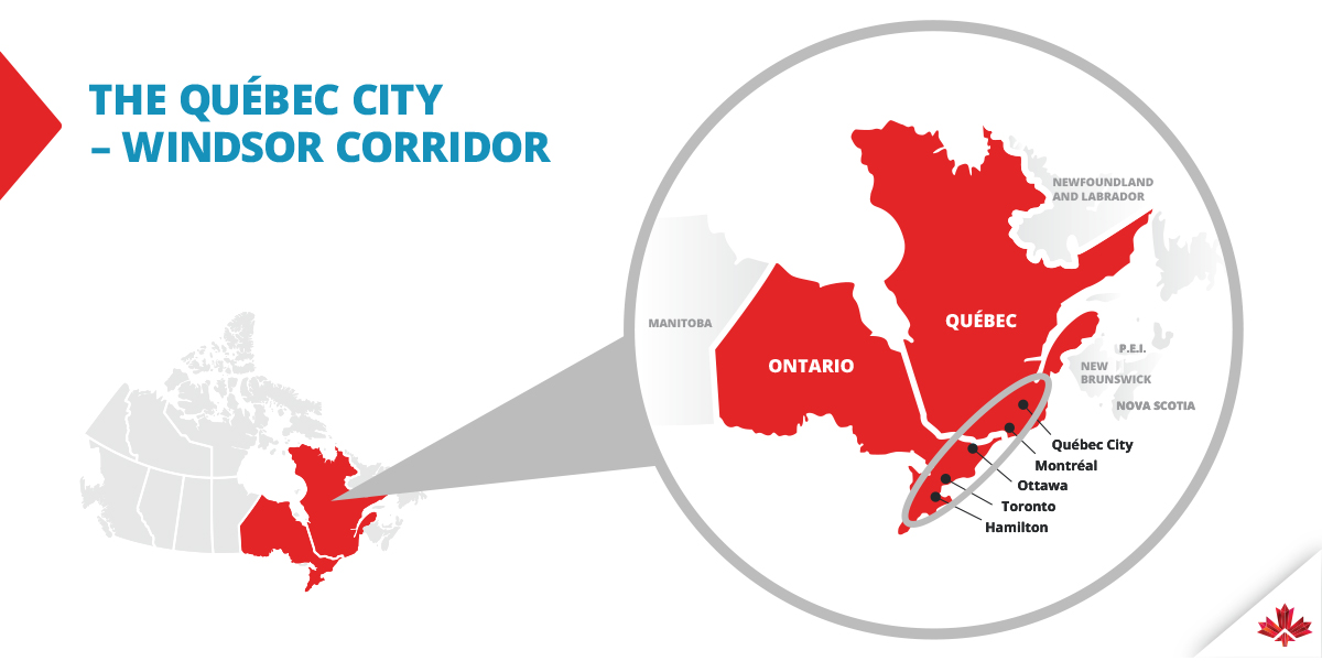 map of the Quebec City - Windsor Corridor