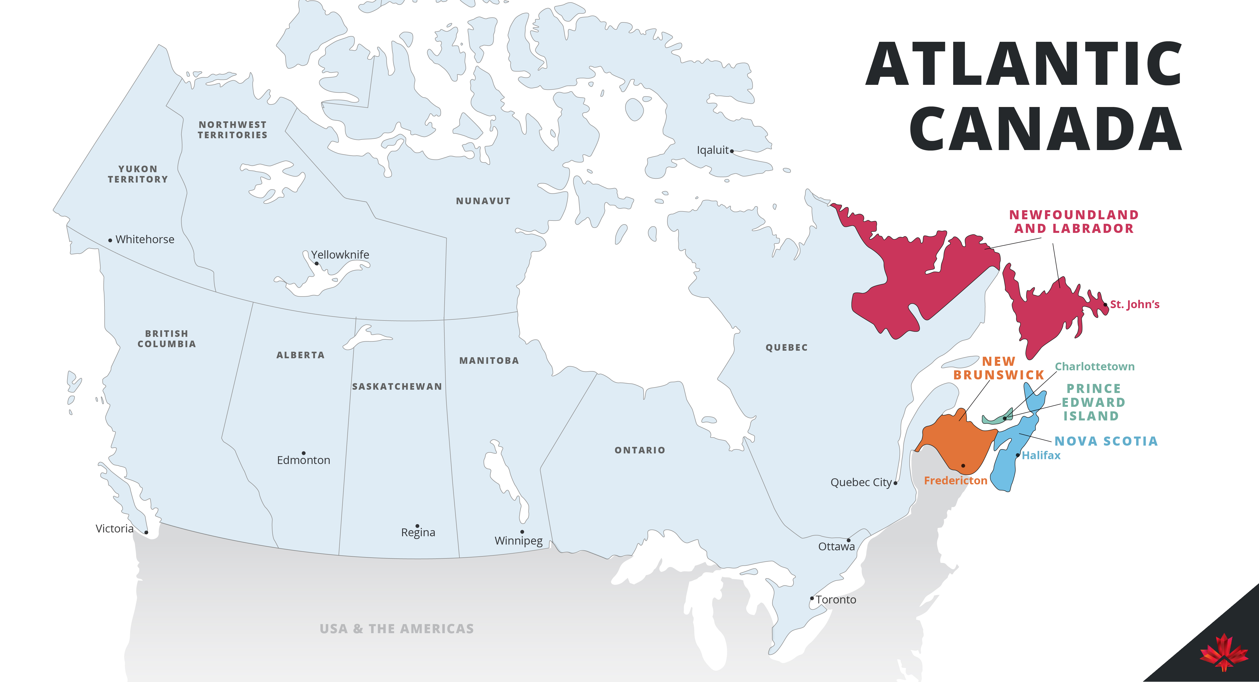 Map of Canada with Atlantic Canada provinces highlighted