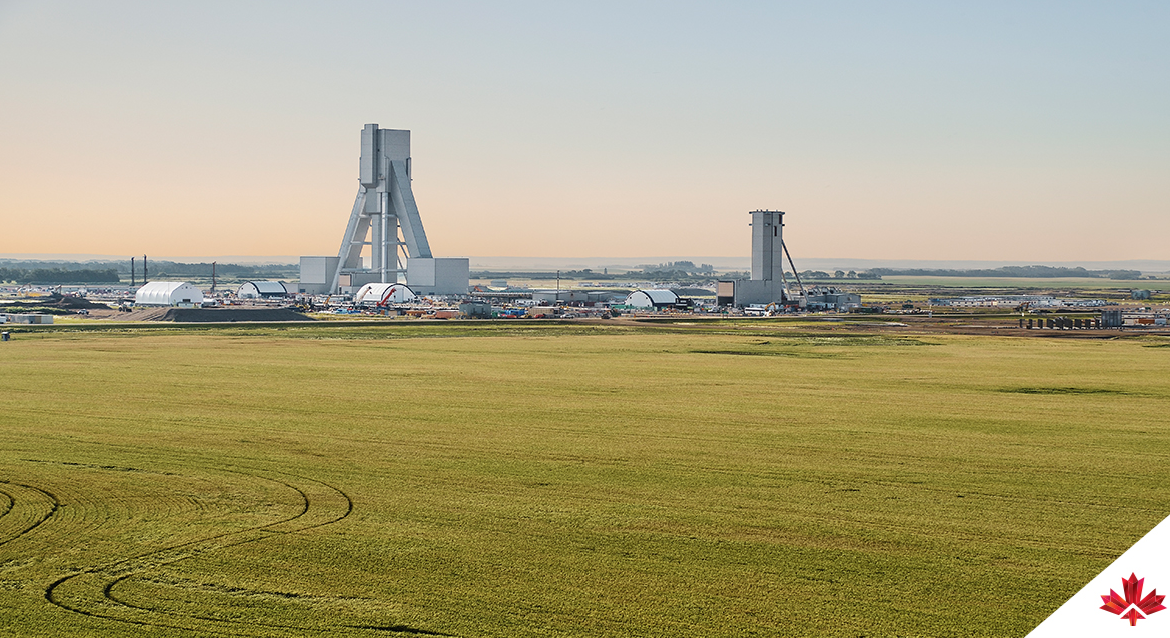 Outdoor landscape view of a potash mine plant in Saskatchewan.