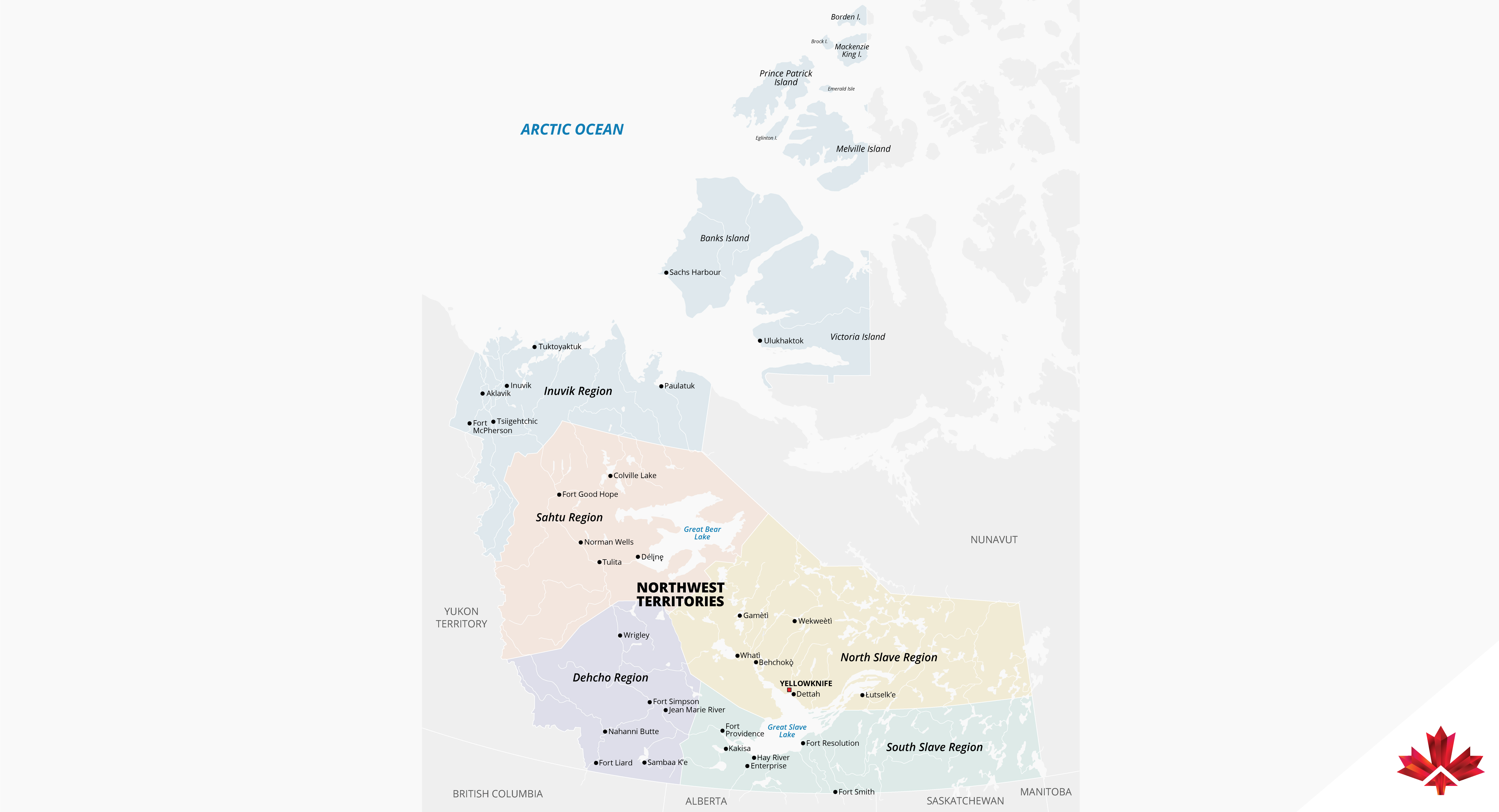 A political map of the Northwest Territories displaying regional boundaries, major communities, lakes and rivers, and surrounding jurisdictions. The map includes the Inuvik, Sahtu, North Slave, South Slave and Dehcho regions, along with adjacent areas such as Yukon, Nunavut, Alberta and British Columbia, illustrating the territory’s scale and northern location.
