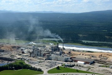 Aerial view of Alberta’s Hinton Pulp Mill (paper mill) located in Alberta. 