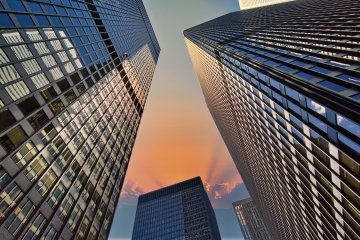Toronto financial district skyline during sunrise.
