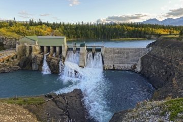 Horseshoe Falls Dam at Bow River, Rocky Mountains Foothills west of Calgary.