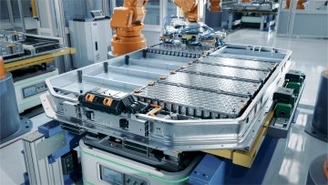 An EV battery pack sits on a production line in a modern factory, surrounded by robotic arms involved in automated assembly.