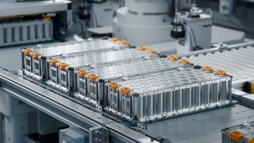 A lithium‑ion high‑voltage battery module for an electric vehicle sits on a production line conveyor.