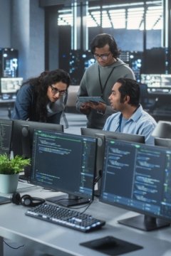 Three software engineers using a computer while discussing a project in a collaborative workspace.