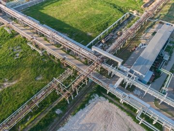 Aerial view of pipeline system of big chemical plant. Production of nitrogen fertilizers.